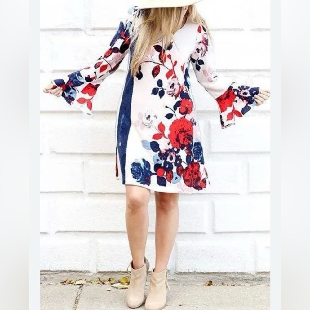 Maeve Dress XS Sweater Knit Floral Swing Bell Sleeve Boho Anthropologie